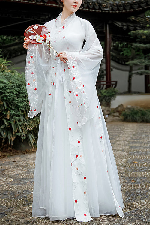 White New Safflower Embroidery Ancient Costume Sweet Hanfu Dress - White - 1