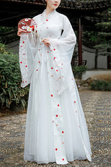 White New Safflower Embroidery Ancient Costume Sweet Hanfu Dress - White - 1