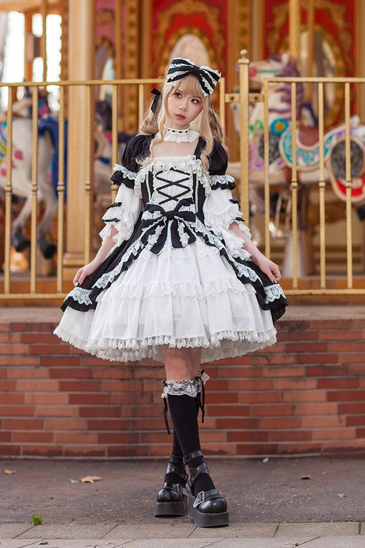 White/Black Short Sleeves Cardigan Bowknot Doll Sweet Lolita Dress - Product - 9