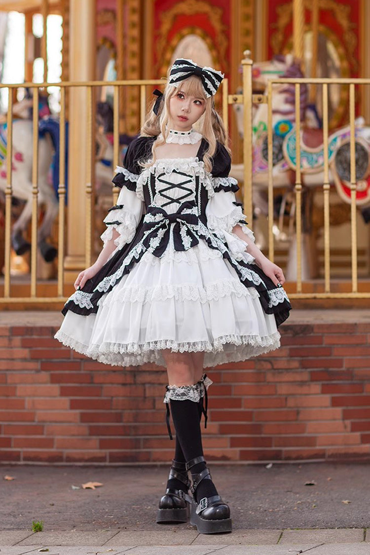 White/Black Short Sleeves Cardigan Bowknot Doll Sweet Lolita Dress - Product - 9