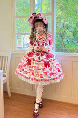 Red [Sweet Berry Bunny Bear] Half Sleeves Printed Bow Lace Lace-Up Sweet Lolita OP Dress - Product - 5
