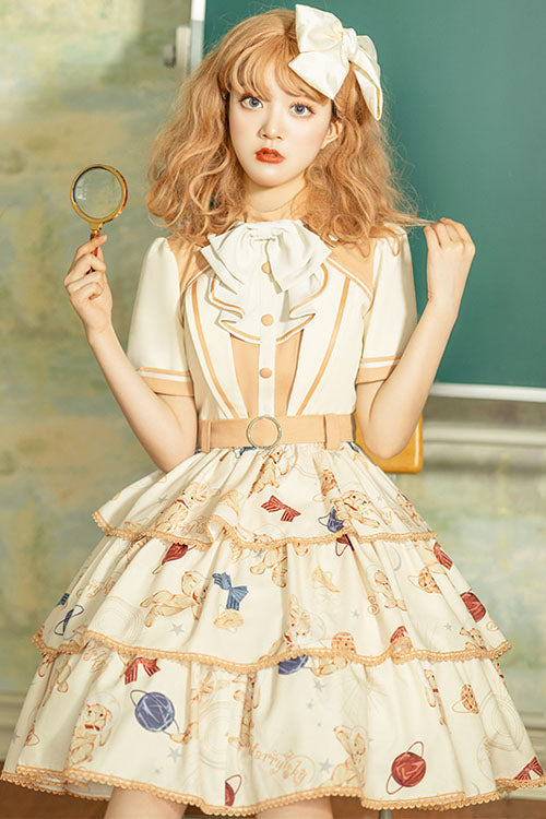 Multi-Color Bunny Astronaut Print Short Sleeves 3 layers Sweet Lolita OP Dress - Product - 2