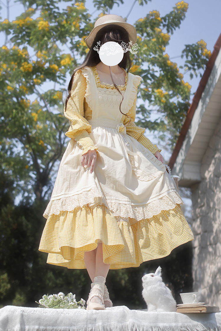 Yellow Long Sleeves Print Ruffle Lace-Up Sweet Elegant Lolita Dress - Product - 11