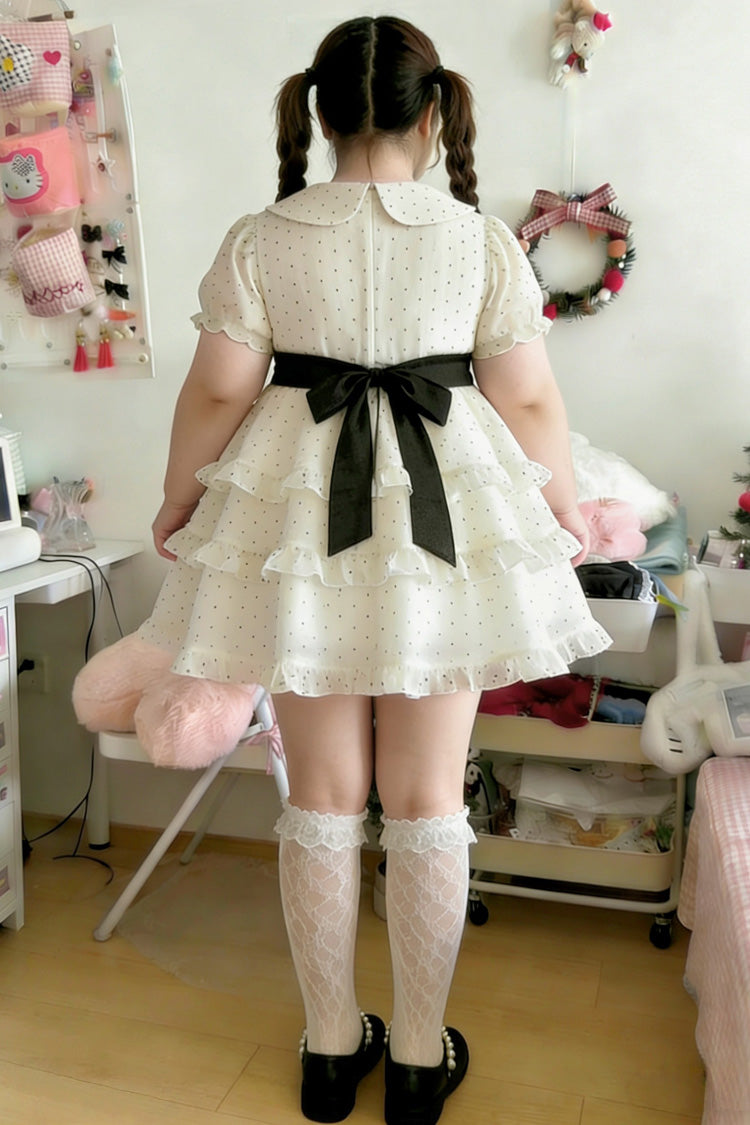 White Doll Collar Short Sleeves Triple-Layered Polka Dots Printed Ruffled Bow Plus Size Princess Sweet Lolita Dress - Product - 4
