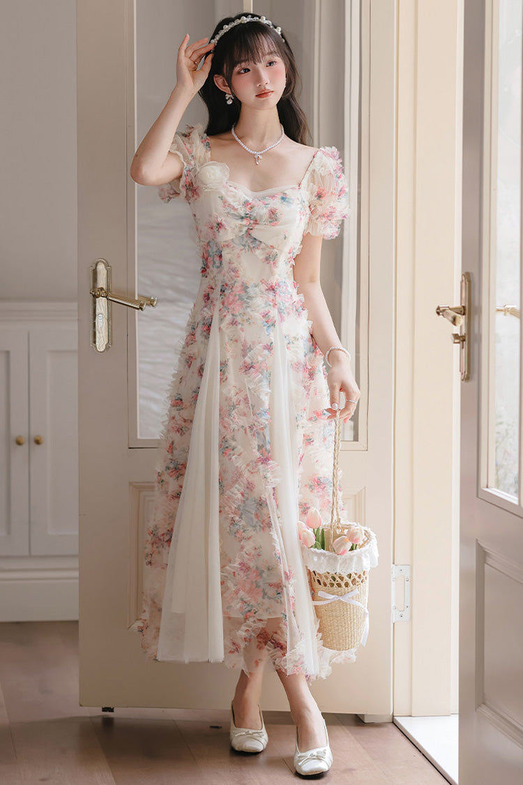 White Floral Pattern Square Collar Short Puff Sleeves Ruffled Open-Front Spliced Sweet Lolita Dress - Product - 5