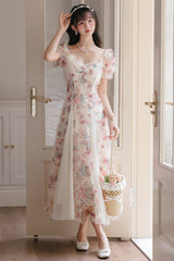 White Floral Pattern Square Collar Short Puff Sleeves Ruffled Open-Front Spliced Sweet Lolita Dress - Product - 5