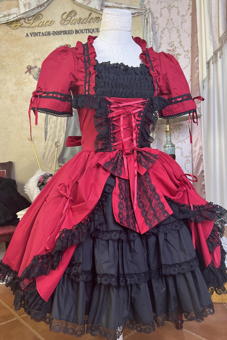 [Miss Rella] Short Sleeves Multi-Layered Ruffle Cardigan Bowknot Lace-Up Sweet Lolita Dress 9 Colors - Wine-Red - 18