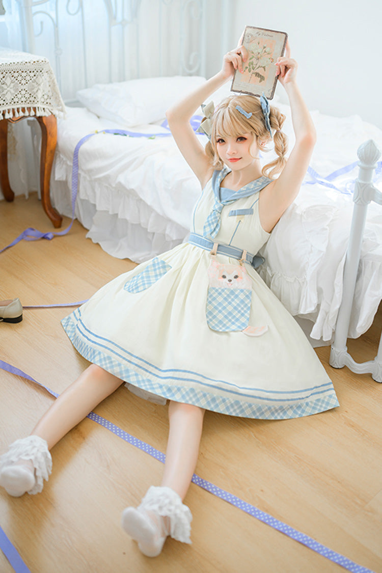 White/Blue Navy Style Cute Animals Print Sweet Princess Lolita Jsk Dress - Product - 6
