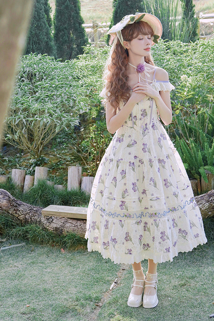 Ivory [Moonlight Iris] Off Shoulder Print Ruffle Embroidery Lace Sweet Lolita Jsk Dress - Product - 3