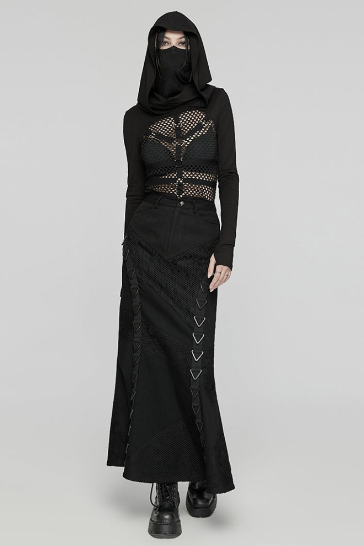 Black Stitching Mesh Triangular Buckle Women's Punk Fishtailed Skirt - Product - 4
