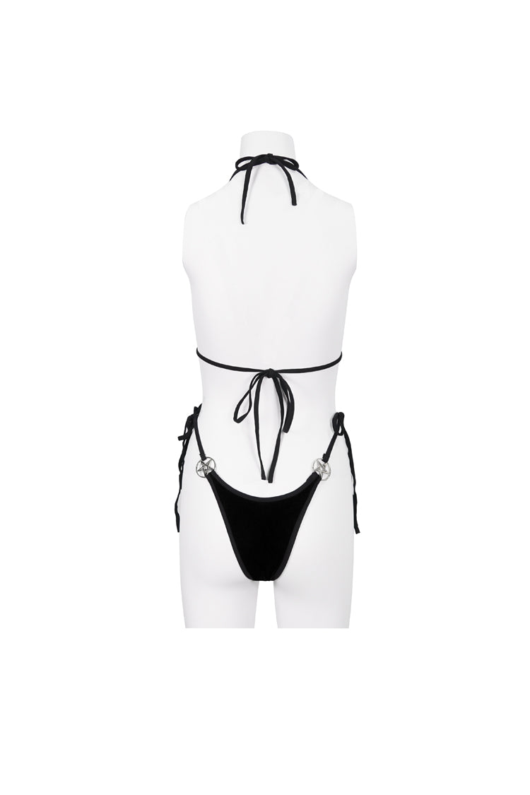 Black Velvet Stretch Sexy Cutout Pentagram Women's Gothic Swimsuit Set - Product - 8