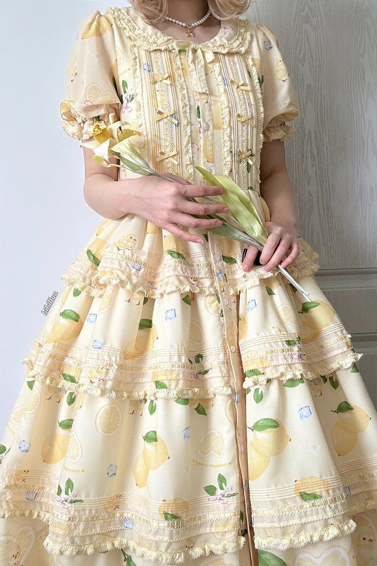 Yellow [Lemon Chicken] Short Sleeves Triple-Layered Print Ruffle Bowknot Lace Sweet Gorgeous Lolita Dress - Product - 4