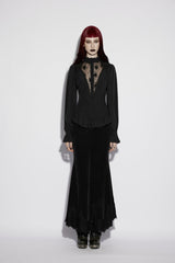 Black Stand Collar Long Lantern Sleeves Cut-Out Embroidered Spliced Lace-Up Slim Sheer Mesh Pleated Women's Gothic Palace Blouse - Black - 1