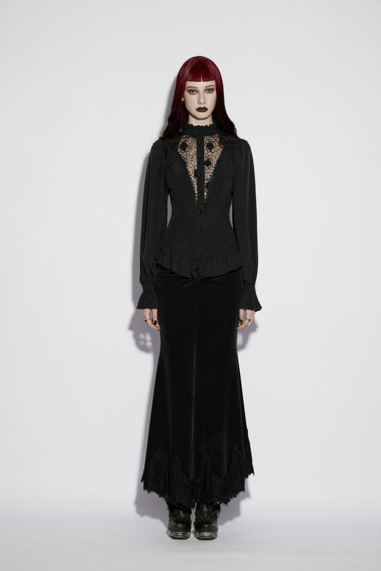 Black Stand Collar Long Lantern Sleeves Cut-Out Embroidered Spliced Lace-Up Slim Sheer Mesh Pleated Women's Gothic Palace Blouse - Black - 1