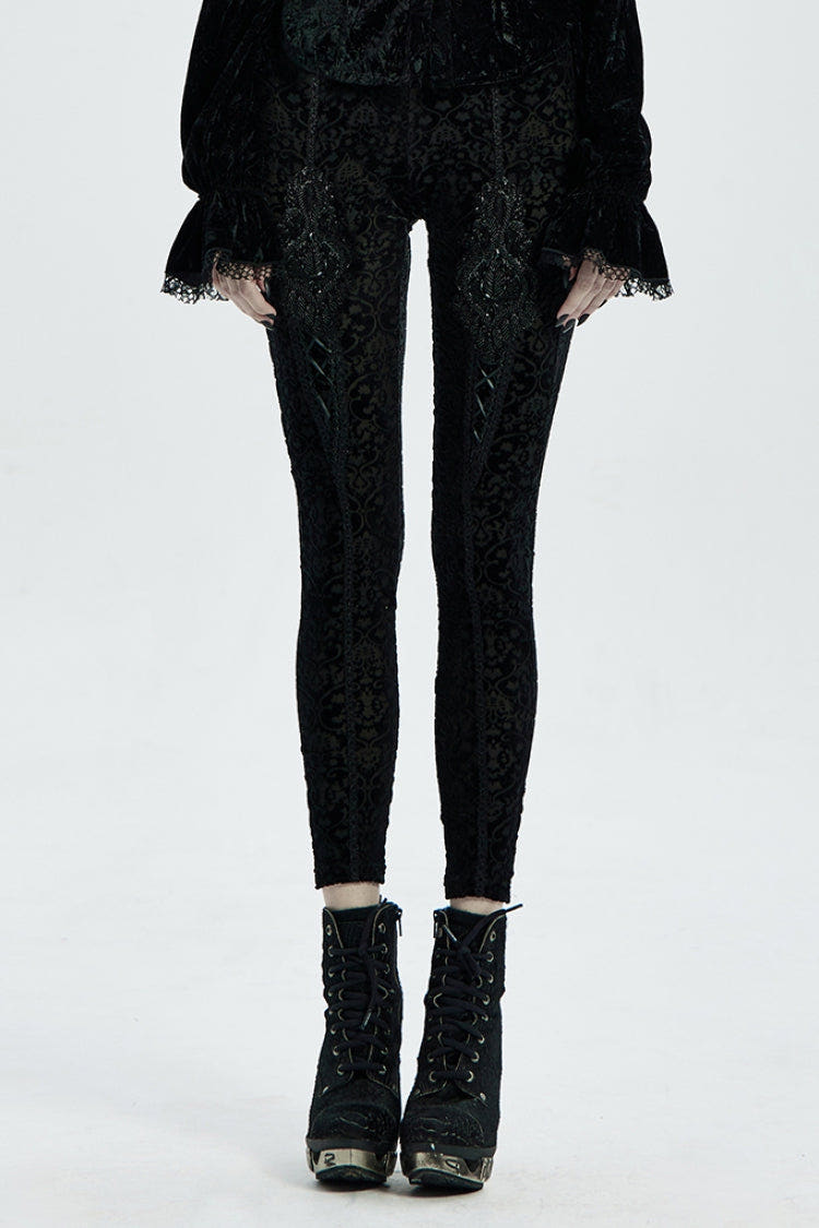 Black Jacquard Women's Gothic Leggings - Black - 1