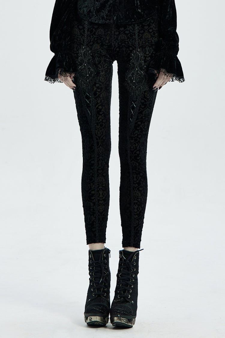Black Jacquard Women's Gothic Leggings - Black - 1