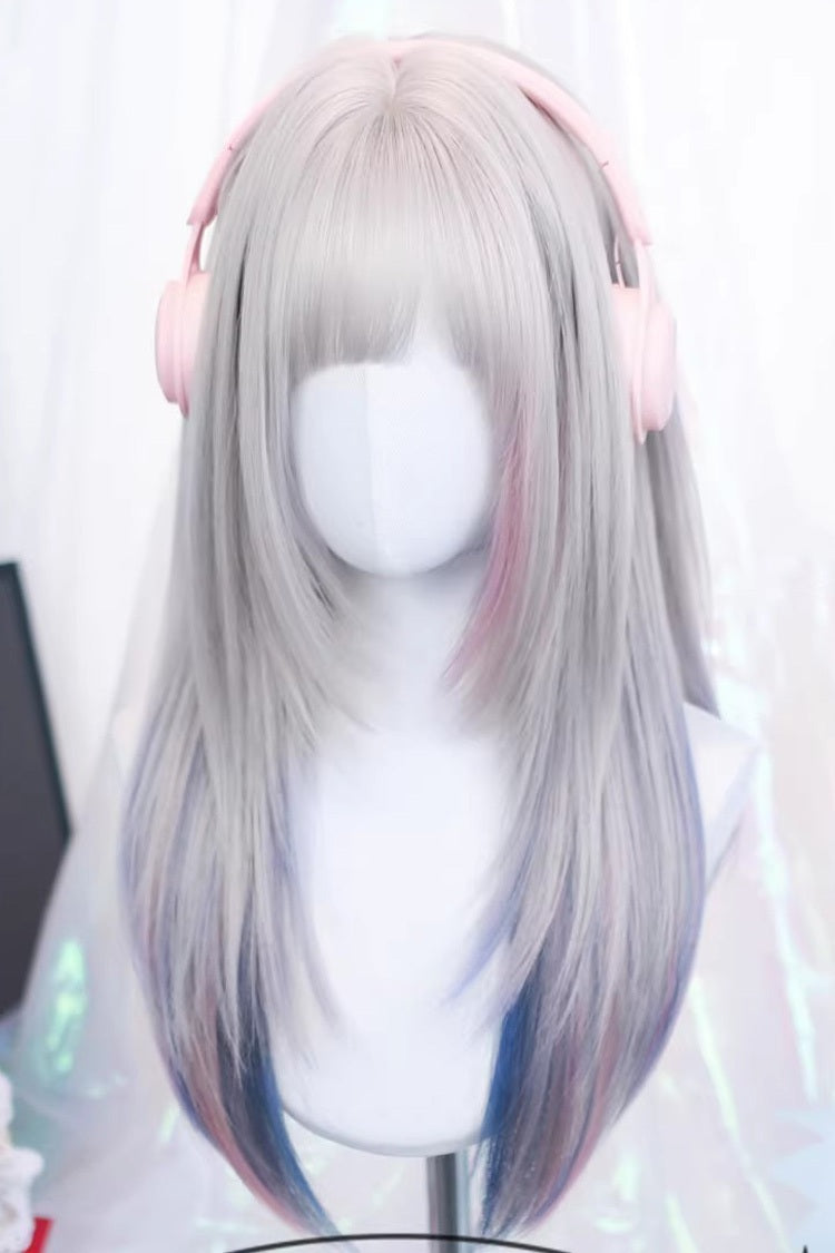 Pastel Silver Gray Pink Blue Ombre Long Straight Wig Sweet Lolita detail view 2