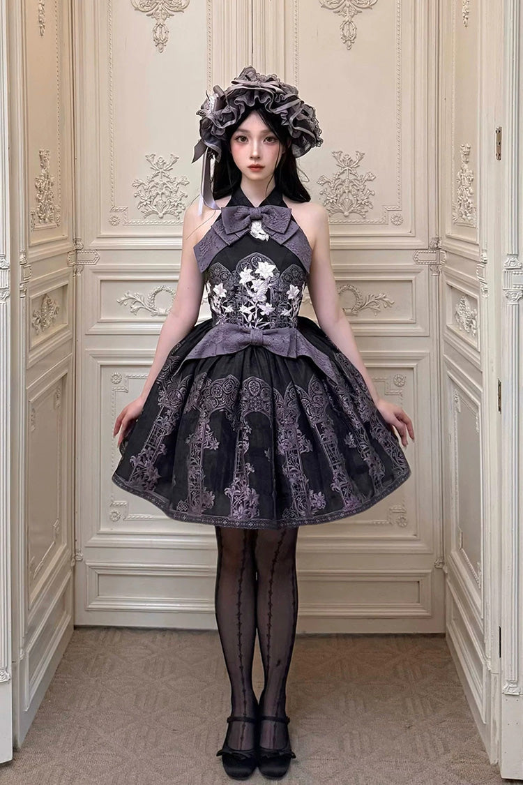 [Stained Glass Dream] Halterneck Sleeveless Printed Embroidered Bow Gothic Lolita Dress 2 Colors (Black/Purple, White/Purple) - Product - 7