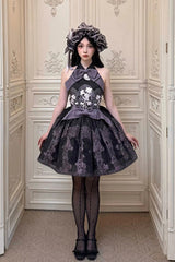 [Stained Glass Dream] Halterneck Sleeveless Printed Embroidered Bow Gothic Lolita Dress 2 Colors (Black/Purple, White/Purple) - Product - 7