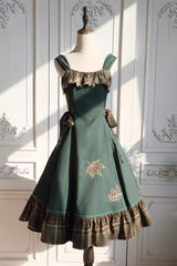 [Autumn Chronicles] Sleeveless Printed Ruffled Embroidered Spliced Slim Sweet Lolita Jsk Dress - Green - 15
