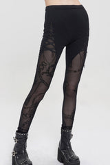 Black Detachable Knitted Fabric Splicing Printing Mesh Women's Punk Leggings - Black - 1
