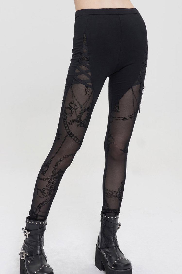 Black Detachable Knitted Fabric Splicing Printing Mesh Women's Punk Leggings - Black - 1