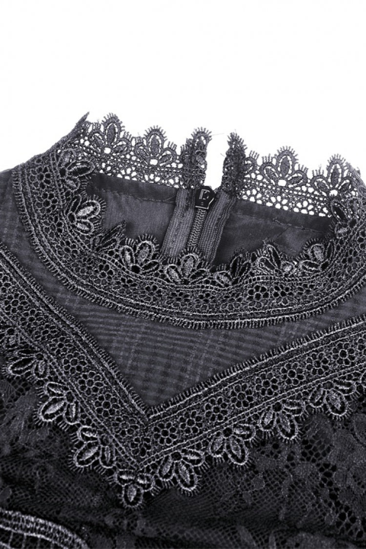 Black Stand Collar Cut-Out Half Sleeves Lace Spliced Women's Gothic Maxi Dress - Product - 13
