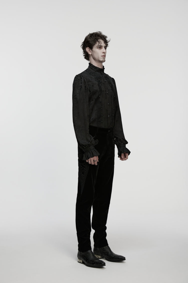 Black Stand Collar Long Puff Sleeves Embroidered Studded Men's Gothic Royal Shirt - Product - 4