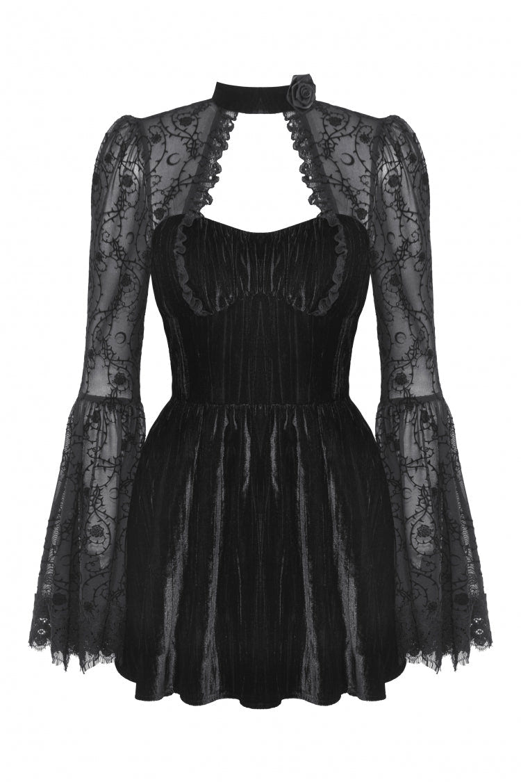 Black Lace Long Trumpet Puff Sleeves Floral Jacquard Cut-Out Lace-Up Women's Gothic Short Dress - Product - 3