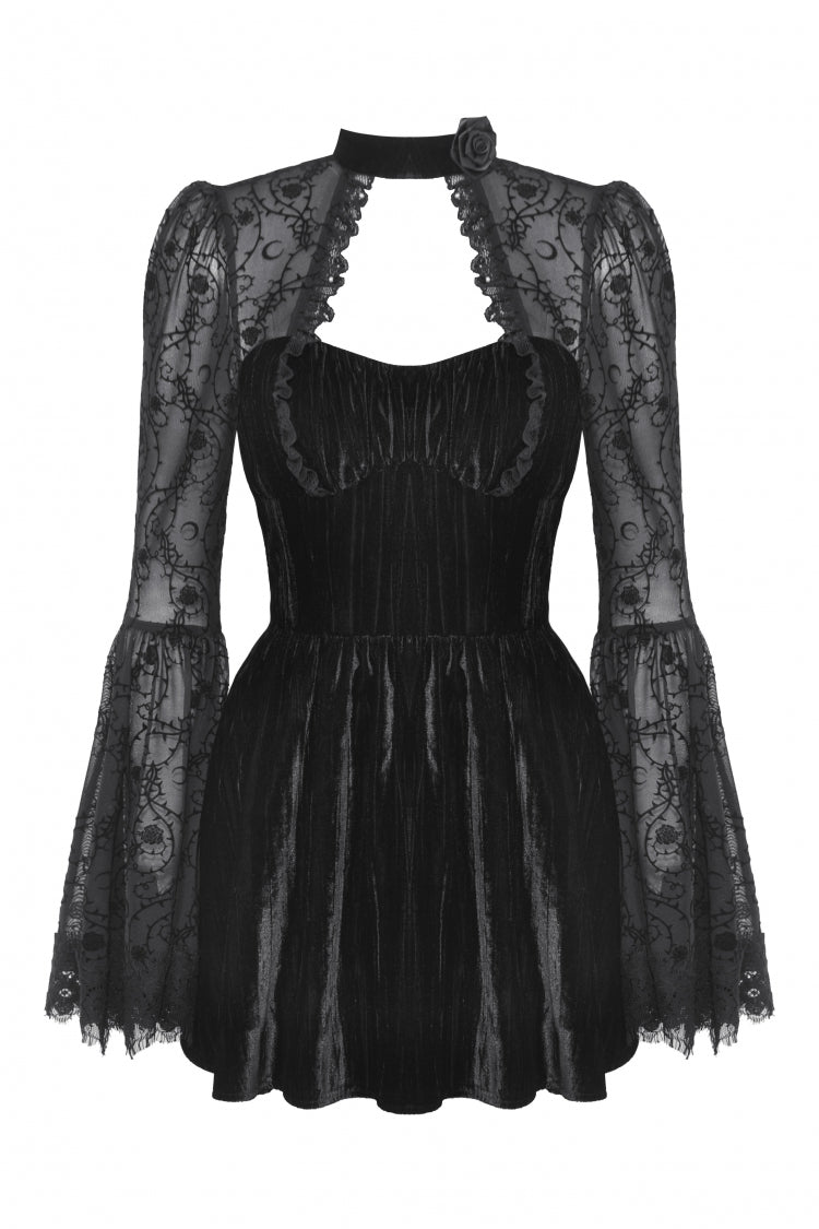 Black Lace Long Trumpet Puff Sleeves Floral Jacquard Cut-Out Lace-Up Women's Gothic Short Dress - Product - 3