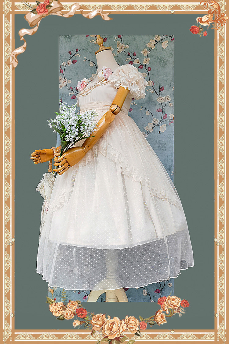 Apricot [Moon goddess *Mediana*] Polka Dot Print Ruffle Bowknot Asymmetric Sweet Elegant Lolita Dress - Product - 11