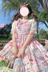 Pink Plush Bear and Doll Print Ruffle Bowknot Lace Sweet Lolita Jsk Dress - Product - 5