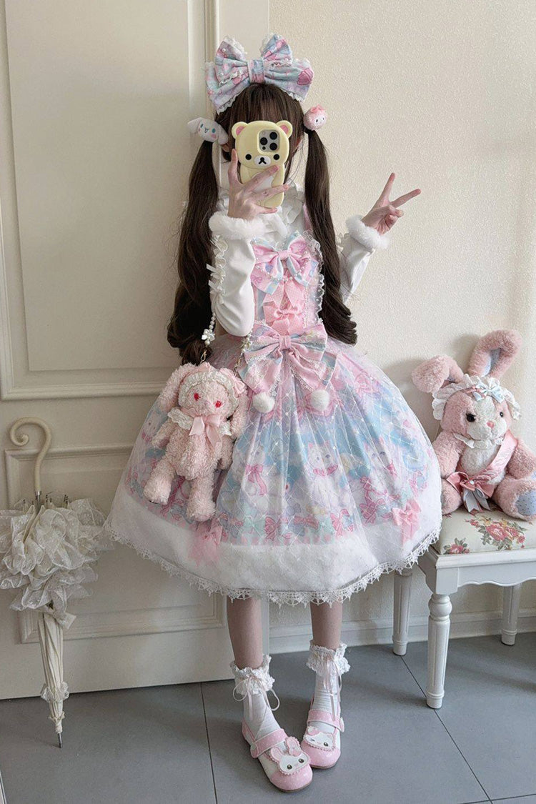 Pink/Blue [Candy Mary Cat] Printed Ruffled Embroidered Bow Lace Sweet Lolita Jsk Dress - Pink/Blue - 1