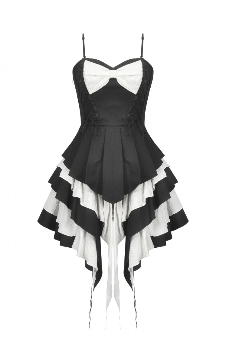 Black/White Sleeveless Multi-Layered Ruffled Bowknot Women's Gothic Slip Dress - Product - 3