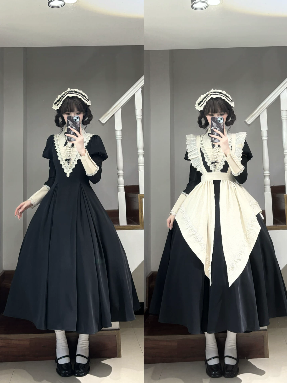 Black and White Plaid Ruffled Maid Lolita Dress with Apron Bow Accent - view 10