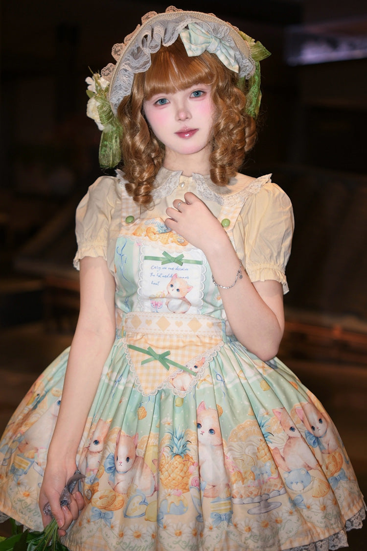 Green [Pineapple Cat] Print Sleeveless Bowknot Lace Sweet Lolita Strap Dress - Product - 7