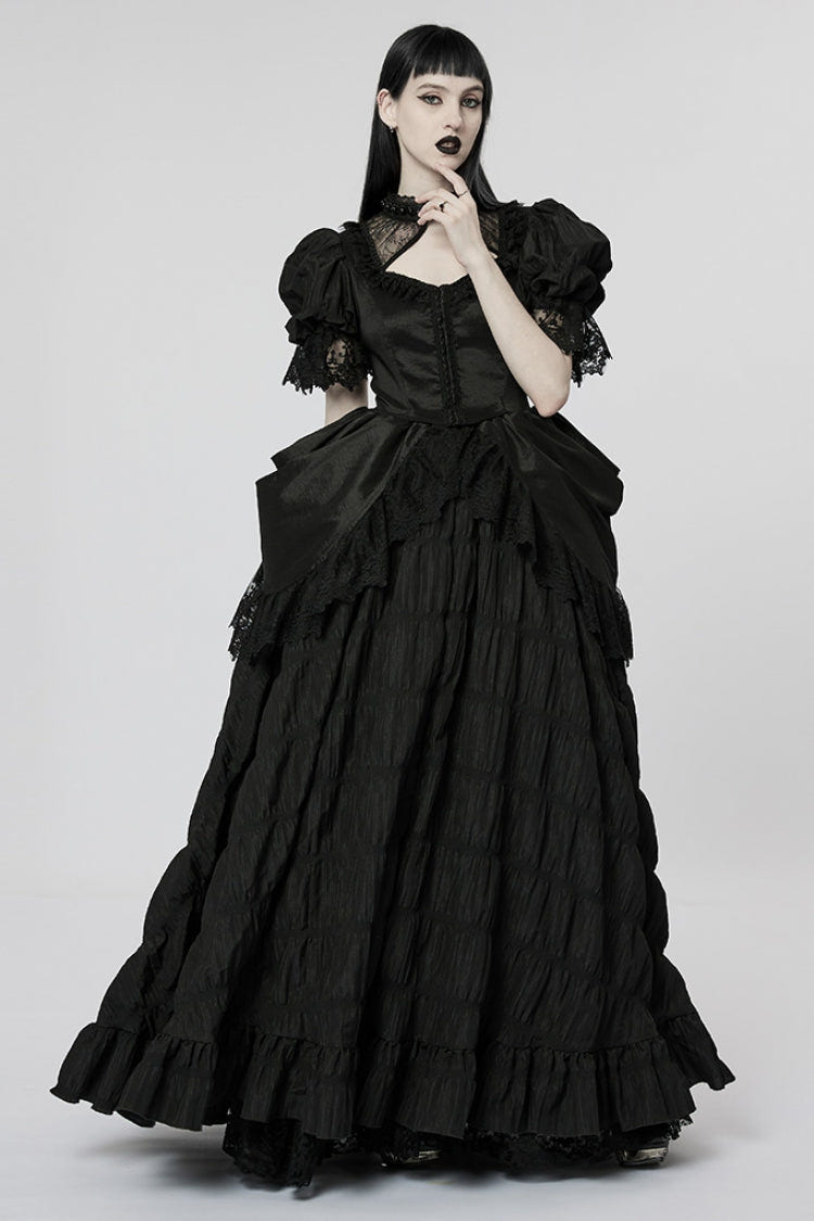 Black Short Puff Sleeves Ruffle Hanayome Stitching Lace Women's Gothic Dress - Product - 4