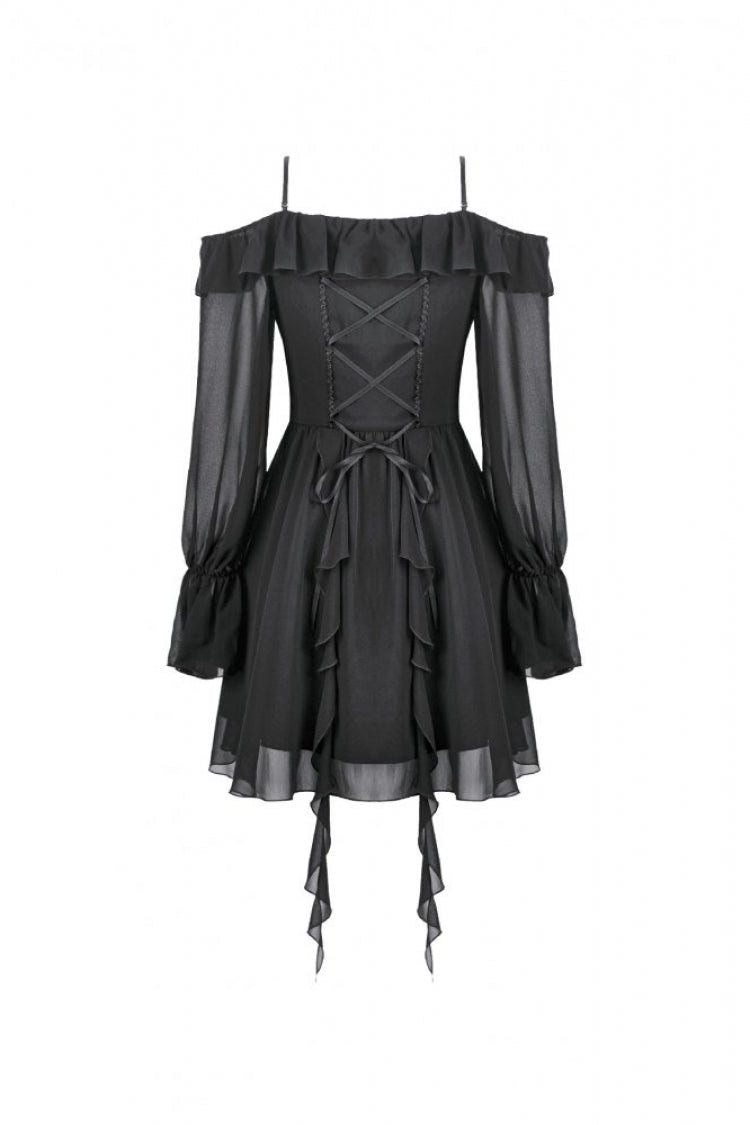 Black Moon Charm Off Shoulder Long Puff Bishop Sleeves Layered Ruffled Hem Women's Gothic Slip Dress - Product - 16