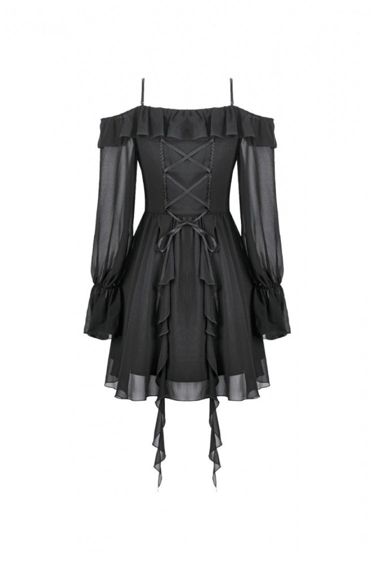 Black Moon Charm Off Shoulder Long Puff Bishop Sleeves Layered Ruffled Hem Women's Gothic Slip Dress - Product - 16
