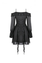 Black Moon Charm Off Shoulder Long Puff Bishop Sleeves Layered Ruffled Hem Women's Gothic Slip Dress - Product - 16
