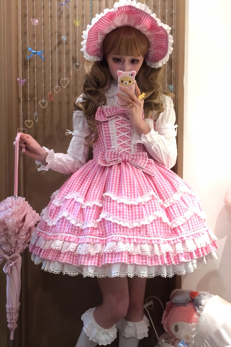Pink Plaid Print Ruffle Bowknot Lace-Up Sweet Lolita Dress - Product - 9
