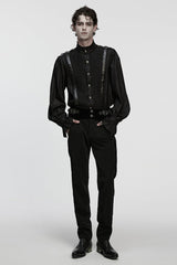 Black Stand Collar Long Puff Sleeves PU Stitching Pleated Men's Gothic Blouse - Product - 4