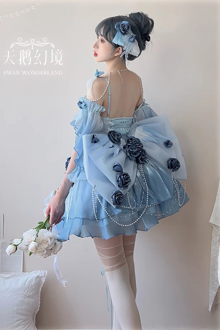 Sky Blue [Swan Wonderland] Embroidery Bowknot Lace-Up Sweet Ballet Lolita Jsk Dress Short Version - Product - 6