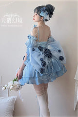 Sky Blue [Swan Wonderland] Embroidery Bowknot Lace-Up Sweet Ballet Lolita Jsk Dress Short Version - Product - 6