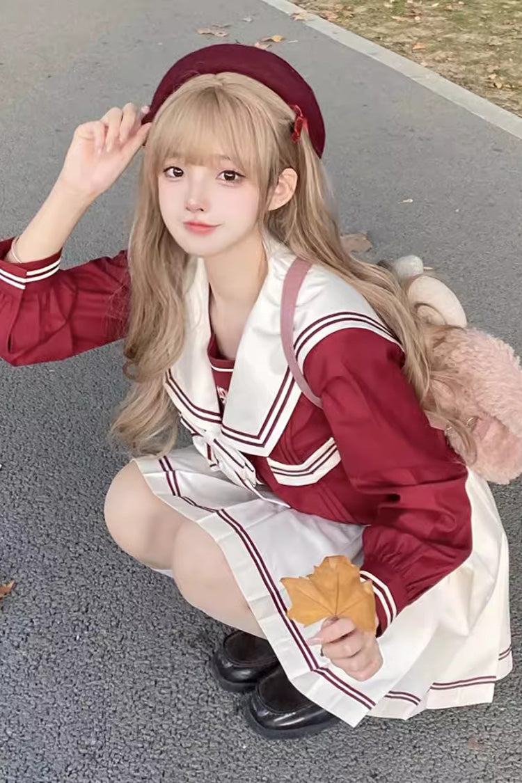 Red/White Bowknot Sweet College Style Japanese School Skirt Set - Product - 2