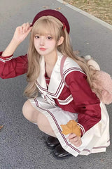 Red/White Bowknot Sweet College Style Japanese School Skirt Set - Product - 2