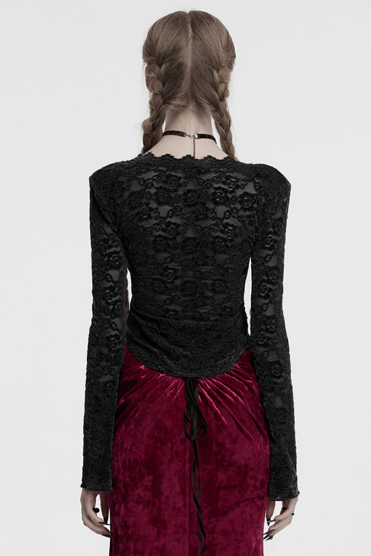Black V Collar Long Sleeves Lace Sheer Women's Gothic Blouse - Product - 3