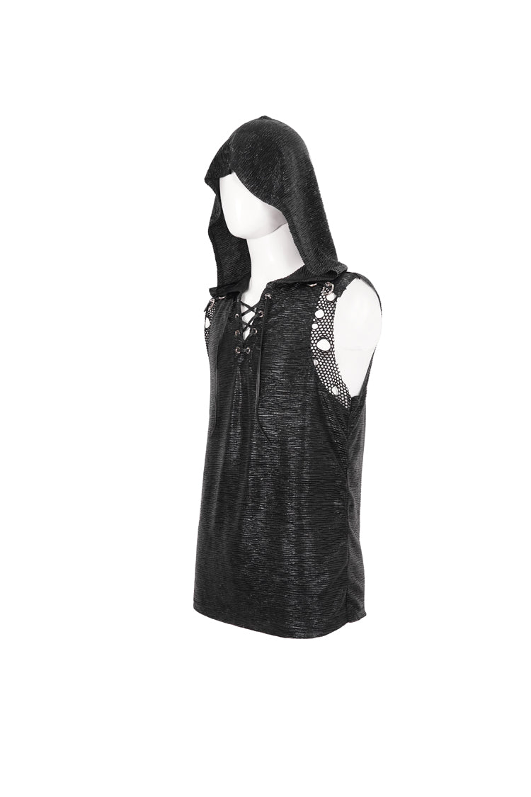 Black Strappy Mesh Splice Men's Punk Vest With Hood - Product - 9
