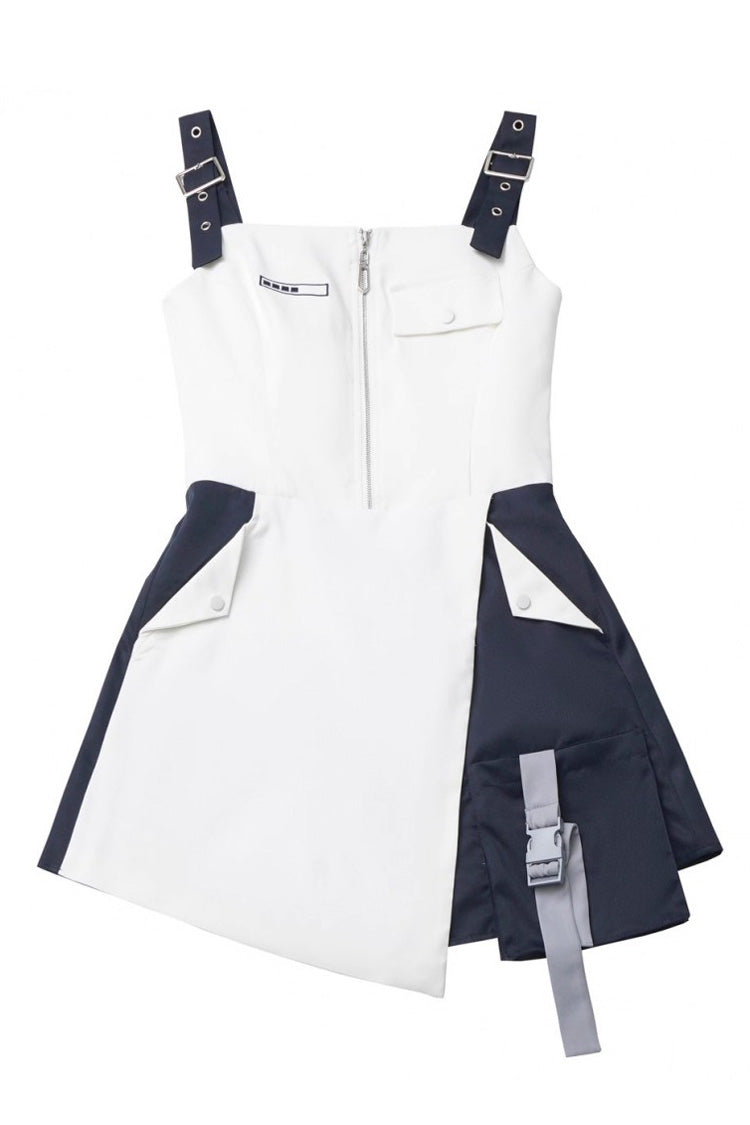 Blue/White [Message Overload] Techwear Long Sleeves Embroidered Asymmetric Zippered Jirai Kei Dress Short Coat Set - Dress - 8