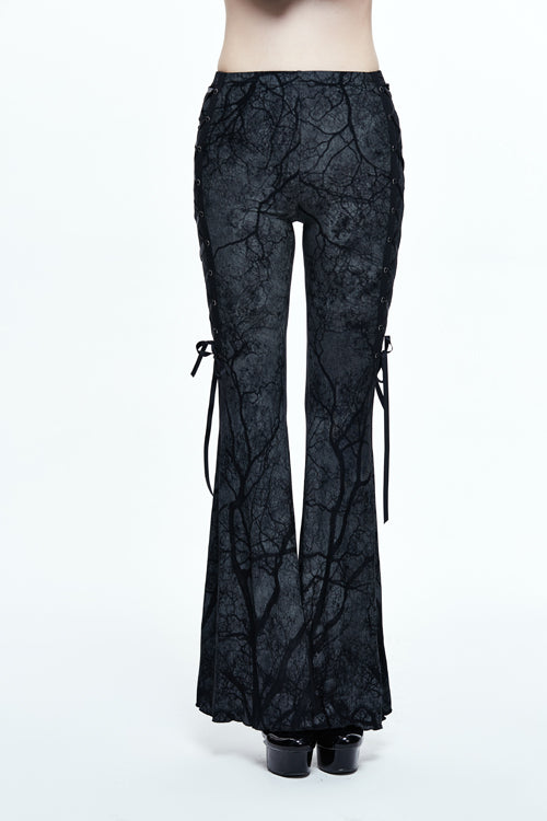 Black Mysterious Forest Gothic Branch Printing Bellbottom Womens Pants - Black - 1